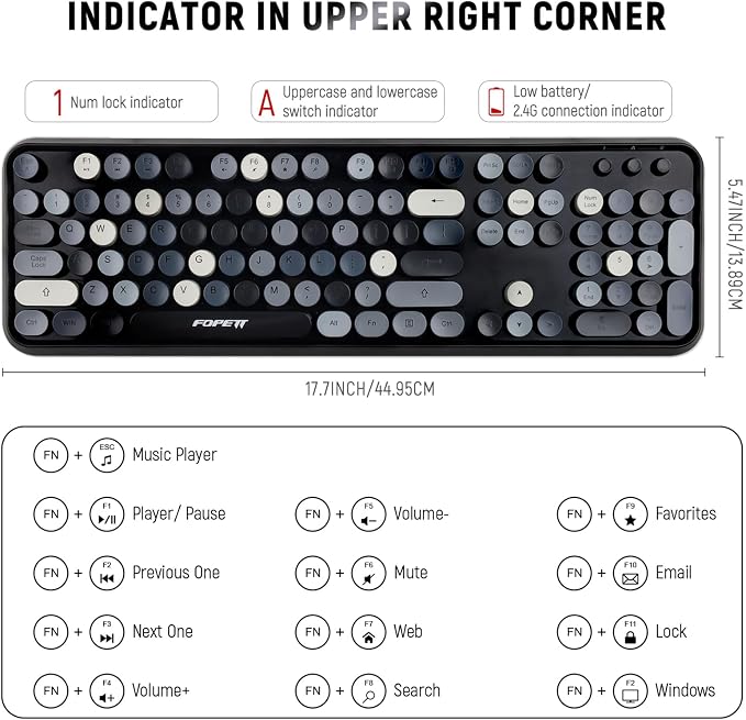 FOPETT Wireless Keyboard and Mouse Combo - 2.4G Full-Sized Cute Colorful Retro Keyboard with Round Keycaps 104 Keys Typewriter Keyboard for Laptop/Windows/PC - Grey Colorful