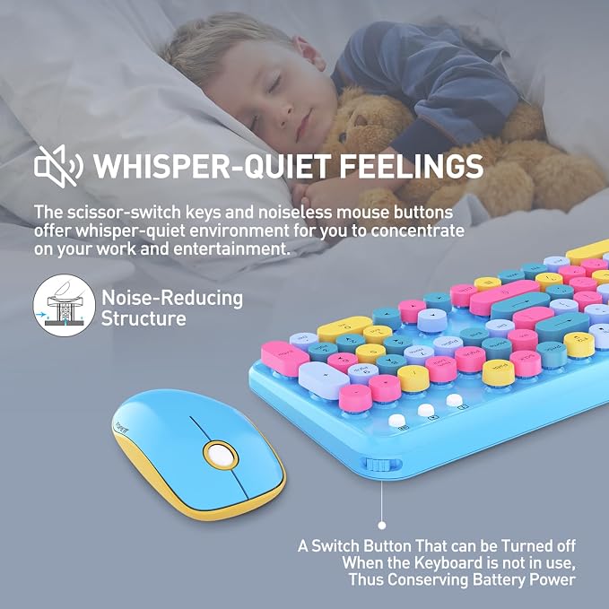 Wireless Keyboard and Mouse Combo with Switch Button- 2.4GHz Cordless Typewriter Keyboard | Auto-Sleep | USB Receiver for Windows PC/Laptop - Blue Colorful
