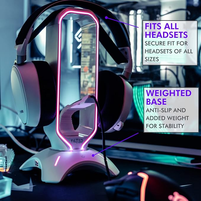 Tilted Nation Gaming Headphone Stand | RGB Headset Stand White | Headset Holder for Desk with Mouse Bungee and USB Hub | The Ultimate Gaming Accessories for Gamers for PS5, Xbox, PC - White