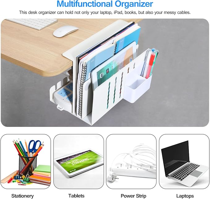 MAXECHO Desk Side Storage, Under Desk Laptop Mount, Table Side Hanging File Organizer, No Drill Clamp On Cable Management Tray, Laptop Holder with Magnetic Pen Holder for Office and Home, Load 22 Lbs