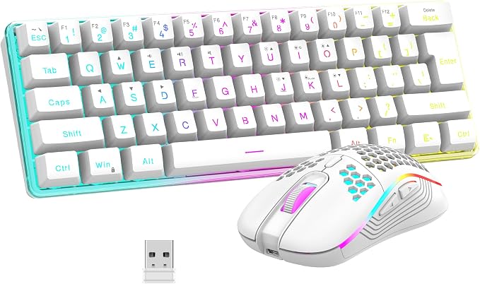 RedThunder 60% Wireless Gaming Keyboard and Mouse Combo, 2500mAh Rechargeable Battery, Ultra-Compact Small RGB Mechanical Feel Keyboard, Lightweight Honeycomb Optical Mouse for Gaming/Business, White
