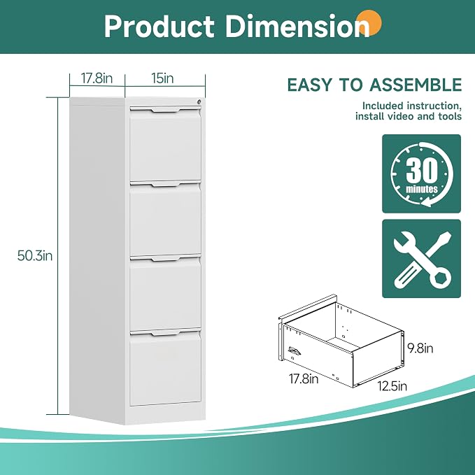 4 Drawer File Cabinet with Lock, 17.8" D Small Filing Cabinet for Home Office, Metal Vertical File Cabinets, Deep File Cabinets for Legal/Letter Size File, Easy Assembly