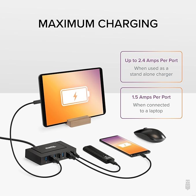 Plugable 7-in-1 USB Powered Hub for Laptops with USB-C or USB 3.0 - Power Station for Multiple Devices and Data Transfer with a 60W Power Adapter, Driverless