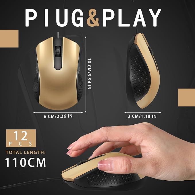 Hoteam 12 Pcs Gold Wired Computer Mouse Bulk Cord USB Computer Mice Ergonomic Wired Mouse for Pcs, Computers, Laptops, Gaming Office Home Supplies
