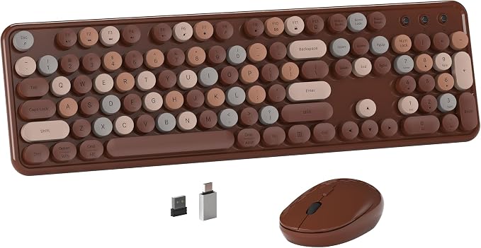 MPTOG Colorful Wireless Computer Keyboard and Mouse Combo with Round Typewriter Keycaps, Retro Design, Power Switch, Ergonomic Design, 2.4GHz Wireless for Windows, Mac, PC(Coffee-Colorful)