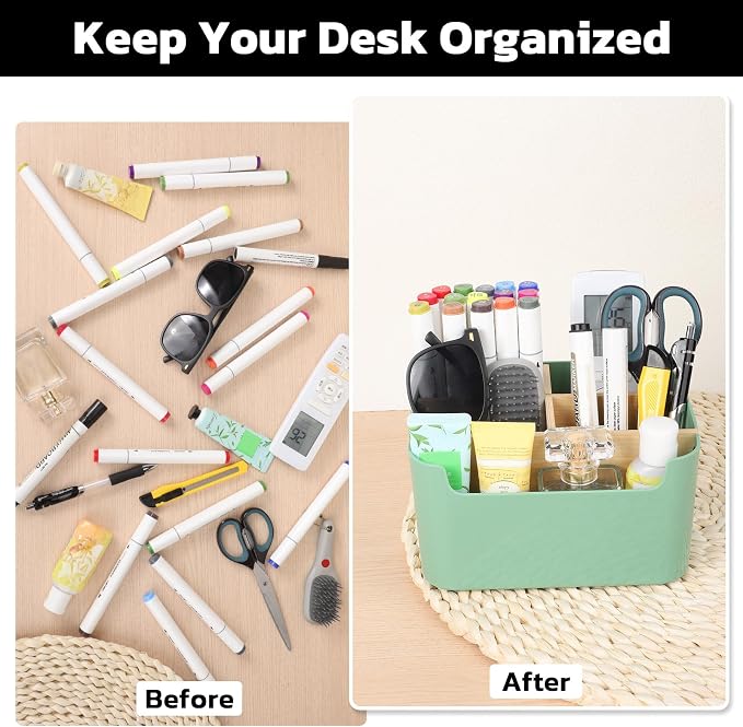 Segarty Green Remote Control Holder, Detachable Divided Bamboo Desk Organizer Caddy, Desktop Storage Box Pencil Pen Holder for Office Supplies Bedside Table Organizers