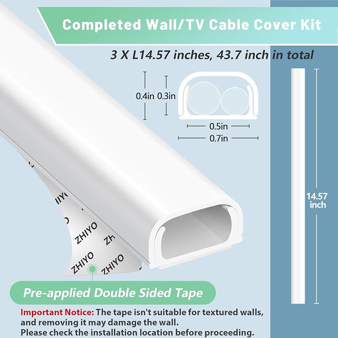 ZhiYo Wire Covers for 2 Cords, 43.7in Cord Hider on Wall Mounted, Brown Cord Cover Kit, TV Cable Cover Cable Concealer for Extension Cord, Ethernet Cable, Speaker Wire, 0.7in(W) x 0.4in(H)