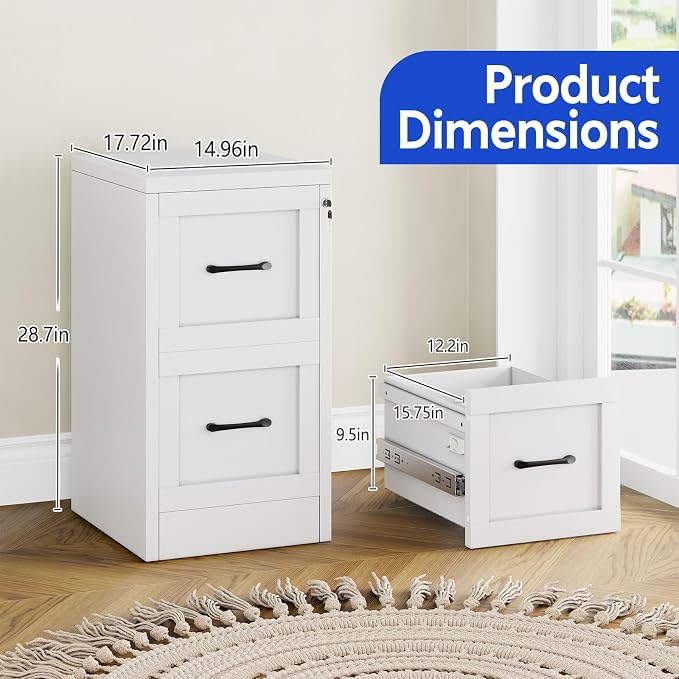 Small Metal 2-Drawer File Cabinet, Under-Desk Filing Cabinet, White | Locking, Adjustable Hanging Rail, Fit A4, FC, Letter, Hanging File Folders for Home Office Storage Organization, 2PS