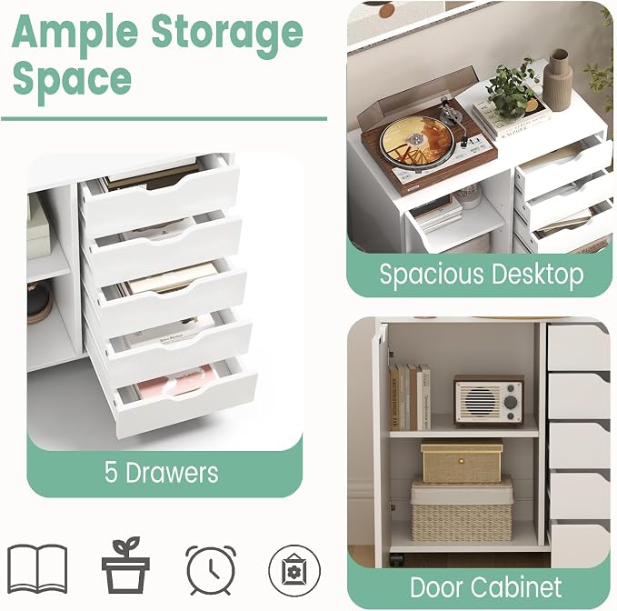 Lateral File Cabinet, 5 Drawers Chest & 1 Side Cabinet, Rolling Storage Cabinet for Home Office, Versatile Filing Cabinet with Wheels, Mobile Printer Stand, Dresser for Bedroom, White