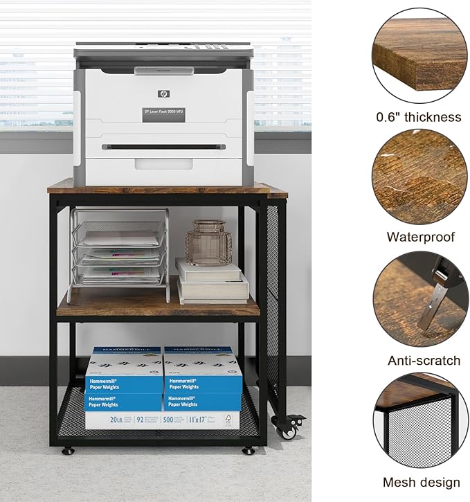 Natwind 24''x20''x29'' Large Printer Stand with Storage Shelves,Extendable Home Craft Table,Home Office Organization Desk, Versatile Table for Home Office, Kitchen, Study Room, Living Room (Retro)