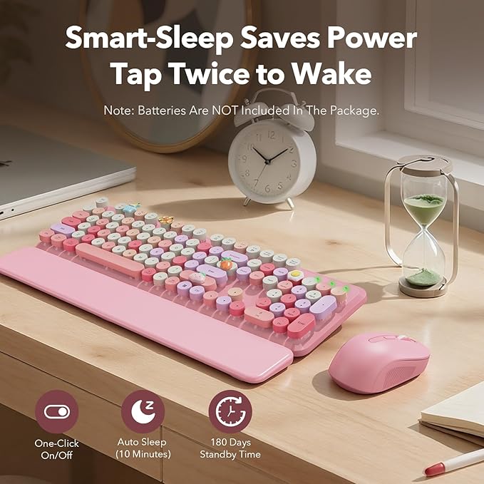 Wireless Keyboard and Mouse Combo, Cute Retro Typewriter Keyboard with Round Keycaps and Magnetic Wrist Rest, Full-Size 2.4GHz Cordless for Mac, Windows PC, Laptop, SABLUTE CK23, Pink Multi-Color