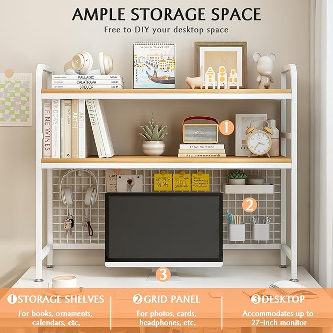 IOTXY 2-Tier Desktop Hutch Bookshelf - Metal Desk Shelf Bookcase with Grid Panel, Countertop Storage Organizer Rack for Dorm or Office, White, 37.4" W