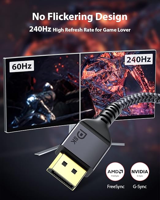 VESA Certified DisplayPort Cable 1.4, Maxonar 8K 10ft/ 3M DP Cable Cord (8K@60Hz, 4K@144Hz, 1080P@240Hz) Display Port HBR3 32.4Gbps, HDCP 2.2 for Odyssey G9 CHG90, PC, Laptop, TV Gaming Monitor - Grey