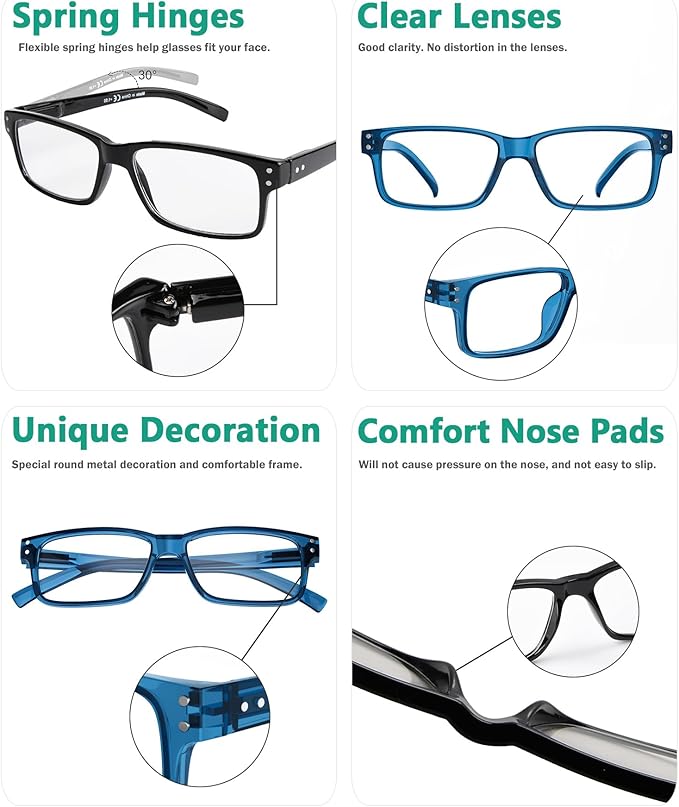 Eyekepper Vintage Reading Glasses for Men - 3 Pairs Black and 2 Pairs Blue - Spring Hinges Classic Readers +1.50