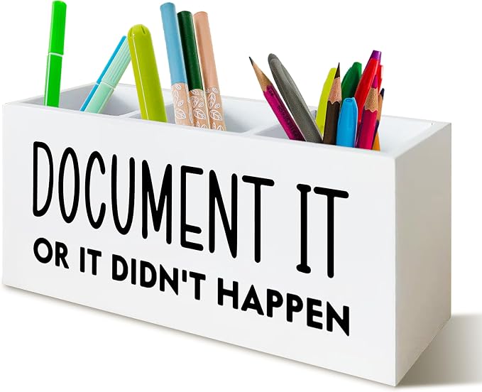 Funny Pen Holder for Desk, HR Human Resource Office Decor, Office Humor Gifts for Coworkers, Document It or It Didn't Happen Wooden Pen Pencil Holder Organizer for Desk Accessories