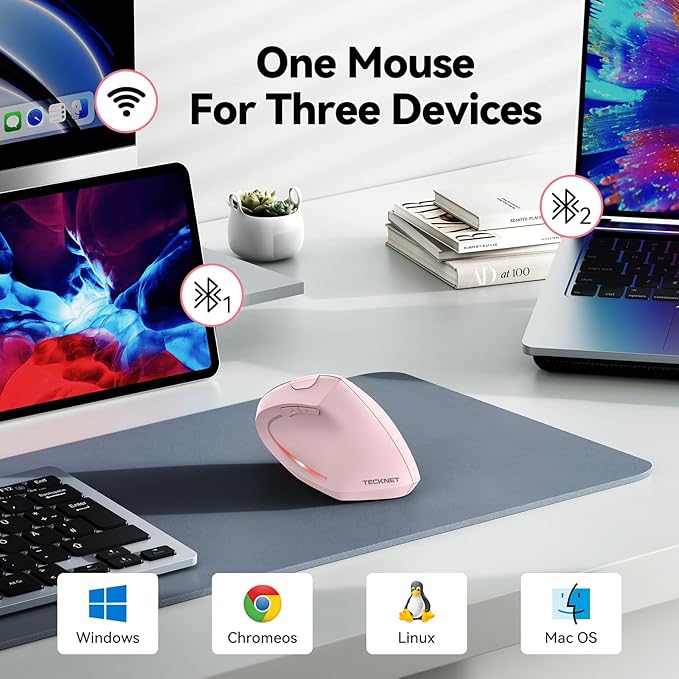 TECKNET Ergonomic Mouse, Wireless Bluetooth Vertical Mouse, 4800 DPI Optical Tracking, 6 Adjustable DPI, Quiet Clicks, 2.4GHz with USB A Receiver, 12 Months Battery, 6 Buttons, Wide Compatibility