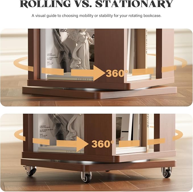 5 Tier Solid Wood Rotating Bookshelf Tower on Wheels, 360° Upgrade Spinning Book Shelf, Revolving Bookcase Organizer, Swivel Bookshelves for Small Spaces, Corner, Bedroom, Kids Room, Office (Brown)