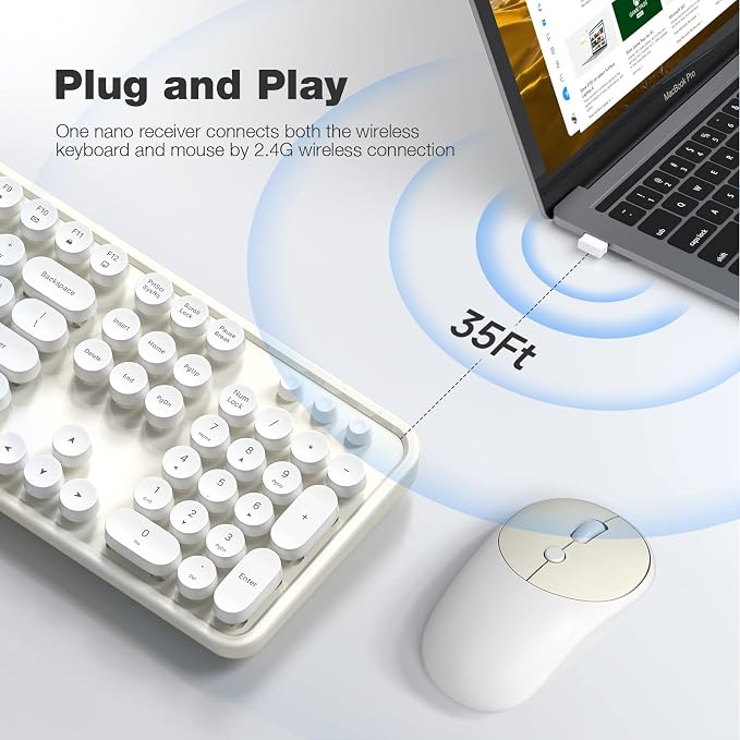 Dilter Wireless Keyboard and Mouse Combo, 104 Keys Full-Sized Typewriter Keyboards, 2.4 GHz USB Receiver Plug and Play, for Windows, PC, Laptop, Desktop (Cremy White)