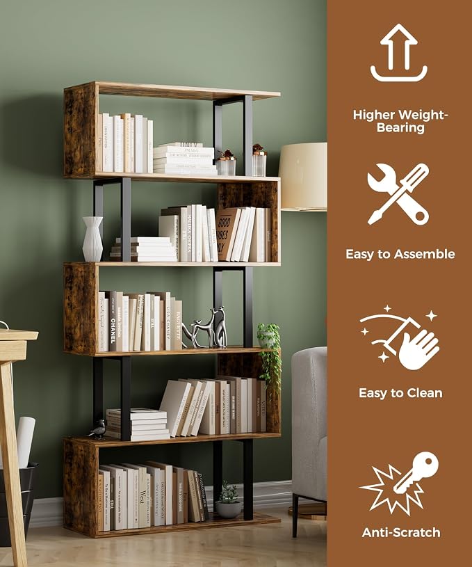 Gadroad 5-Tier Geometric Bookcase,S Shaped Bookshelf, Wood Decorative Storage Shelving, Modern Freestanding Display Shelves, Tall Book Shelf Unit for Living Room Bedroom, Rustic Brown