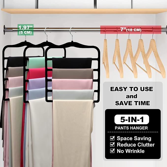 Closet Organizers and Storage,5 Pack Velvet Pants-Hangers-Space-Saving,Non Silp 5 Tier Scarf Jeans Organizer,Dorm Room Essentials for College Students Girls Boys Guys,Organization and Storage