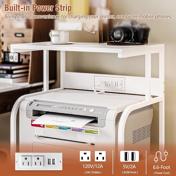 VEDECASA Mobile High Printer Stand with Power Outlet Charging Plugs USB Port Office Storage Shelf Includes Computer Tower CPU Stand Holder with Wheel (White)