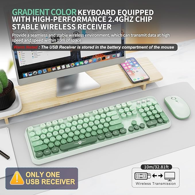 FOPETT Wireless Keyboard and Mouse Combo, 104 Keys Full-Sized 2.4 GHz Round Keycap Colorful Keyboards, USB Receiver Plug and Play, for Windows, Mac, PC, Laptop, Desktop (GradientGreen)