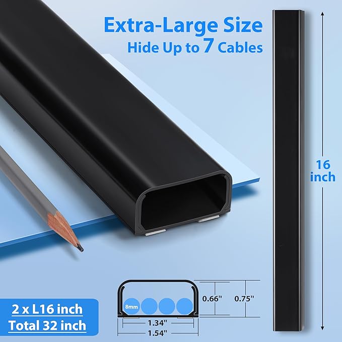Wire Cover for Wall Mount TV 32in(2xL16in), Wall Cord Cover, X-Large TV Cable Hider Hide Cords, Cord Hider, Cable Raceway Black W1.54in x H0.75in