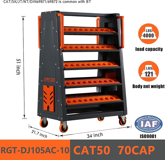 CAT50 CNC Tool Cart-70 Cap, 5-Tier CNC Rolling Carts with Wheels，40 Taper Tool Holder, CNC Mobile Tool Holder, CNC Tool Organizer, CAT 40 Tool Holder Set for StorehouseFactory Garage