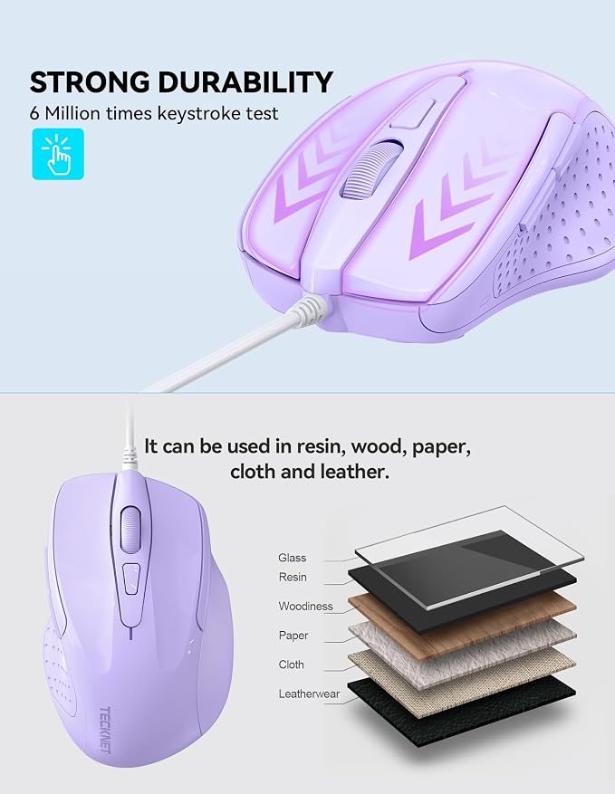 TECKNET Wired Mouse, 6-Button Corded with 4 Adjustable DPI, Optical Ergonomic Design, 5FT Cord for Laptop, Chromebook, PC, Desktop, Mac, Notebook - LT.Purple
