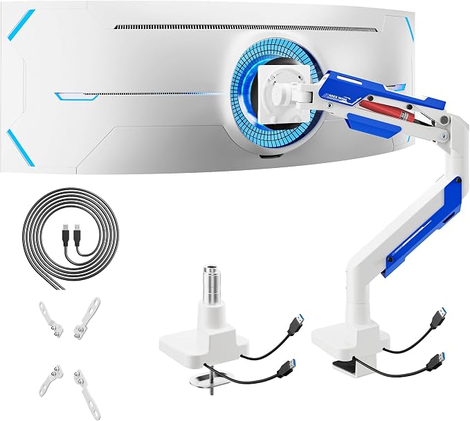 ARES WING Heavy Duty Ultrawide Monitor Arm - Gas Spring Aluminum Monitor Mount with USB for 24"-57" Curved Screens up to 66 lbs with Clamp/Grommet Desk Mount, 75/100/200 Vesa Mount, White