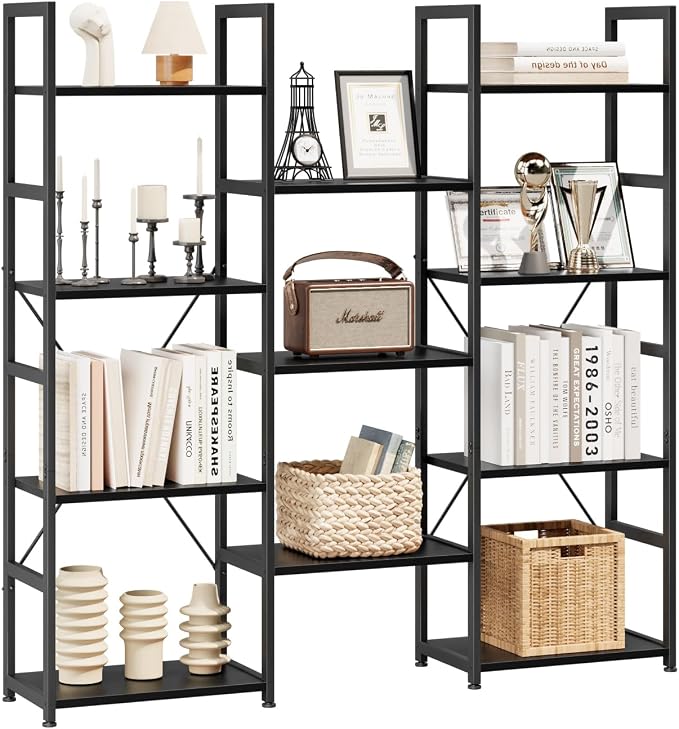 NUMENN Triple Column 4 Tier Bookshelf, Bookcase with 11 Open Display Shelves, Adjustable Rustic Industrial Style Book Shelves, Modern Bookshelves for Bedroom, Living Room and Home Office, Black