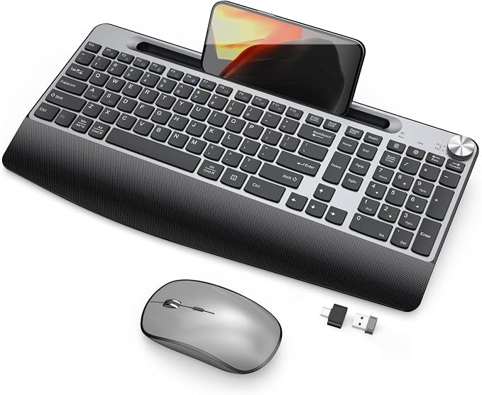JOYACCESS Wireless Keyboard and Mouse, Ergonomic Wireless Keyboard with Wrist Rest and Phone Holder, Quiet Computer Mouse for Mac PC Laptop-Black Grey