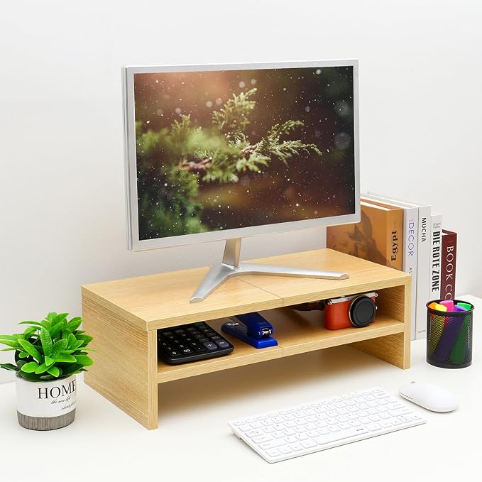 TEAMIX 2 Tiers Desktop Monitor Stand Riser 20 Inch Printer Stand with Storage Small TV Riser Laptop Wooden Desk Organizer Shelf Bookshelf Maple (Natural Maple, 2 Tiers)