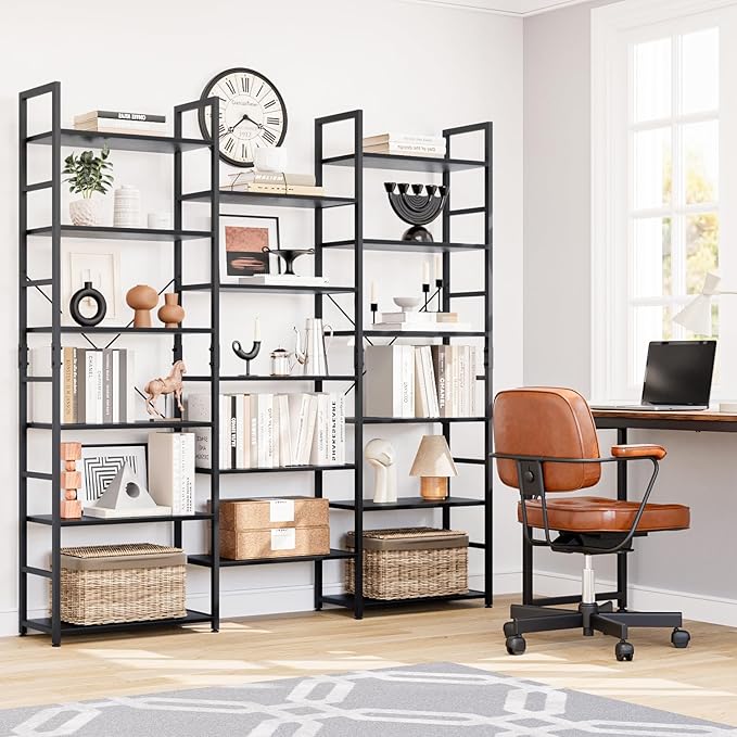 NUMENN Triple Column 6 Tier Bookshelf, Bookcase with 17 Open Display Shelves, Adjustable Rustic Industrial Style Book Shelves, Modern Bookshelves for Bedroom, Living Room and Home Office, Black