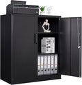 STANI Metal Storage Cabinet with 2 Adjustable Shelves, Steel Counter Cabinet with Lockable Doors for Home Office (Black)