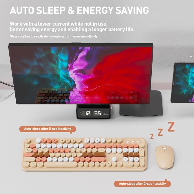 Wireless Keyboard and Mouse Combo with Switch Button- 2.4GHz Cordless Typewriter Keyboard | Auto-Sleep | USB Receiver for Windows PC/Laptop - Milk Tea Colorful