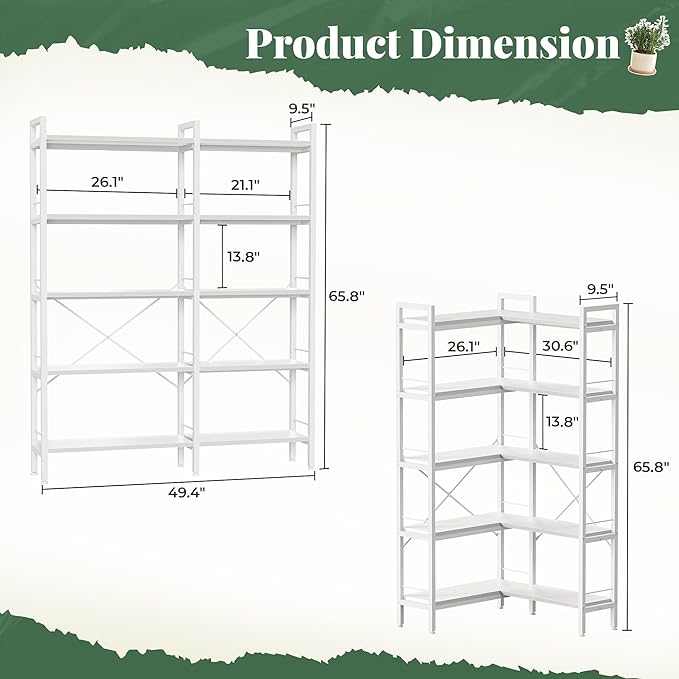 Huuger 5 Tier Bookshelf, L Shaped Corner Bookshelf with 10 Open Shelves, 49.4 Inch Straight Wide Bookcase with Metal Frame and Wooden Board, Adjustable Feet, White
