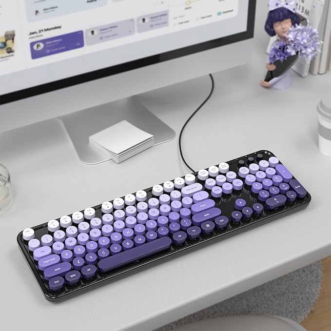 MOWUX Computer Keyboard Wired, Plug and Play USB Retro Round Typewriter Keyboard, Full Size Wired Keyboard with Foldable Stands for Laptop and Office PC- Black Purple Gradient