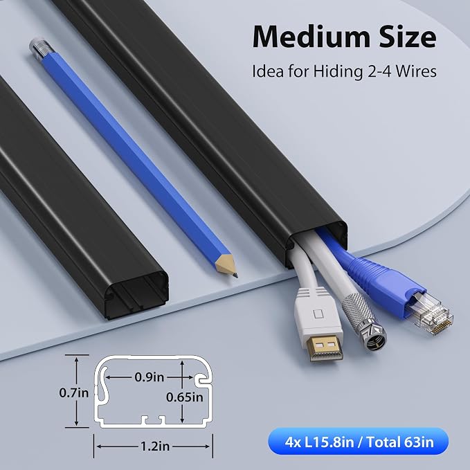 ZhiYo Large Capacity Wire Hiders for TV on Wall for 2-4 Cords, 63in (4xL15.8in) PVC Cable Cover with Adhesive Tape, Snap and Lock Design for Wall Mounted TV, Black Cord Covers for Wires on Wall
