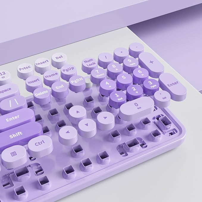 GTSP Colorful Purple Wireless Keyboard and Mouse Combo, Retro Typewriter Wireless Full-Size Cute Office Keyboard 2.4GHz with Round Keycaps for Desktop Laptop and PC (Cute Purple)