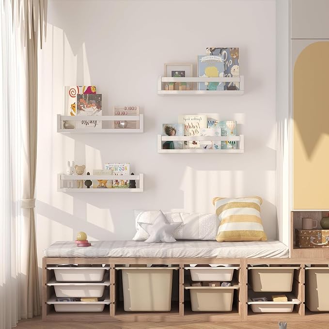 Onlysky Set of 4 Wall-Mounted Kid's Bookshelf - White Floating Nursery Book Shelves - Durable Wood Construction - Ideal for Nursery Decor, Kids Room, Toy Storage