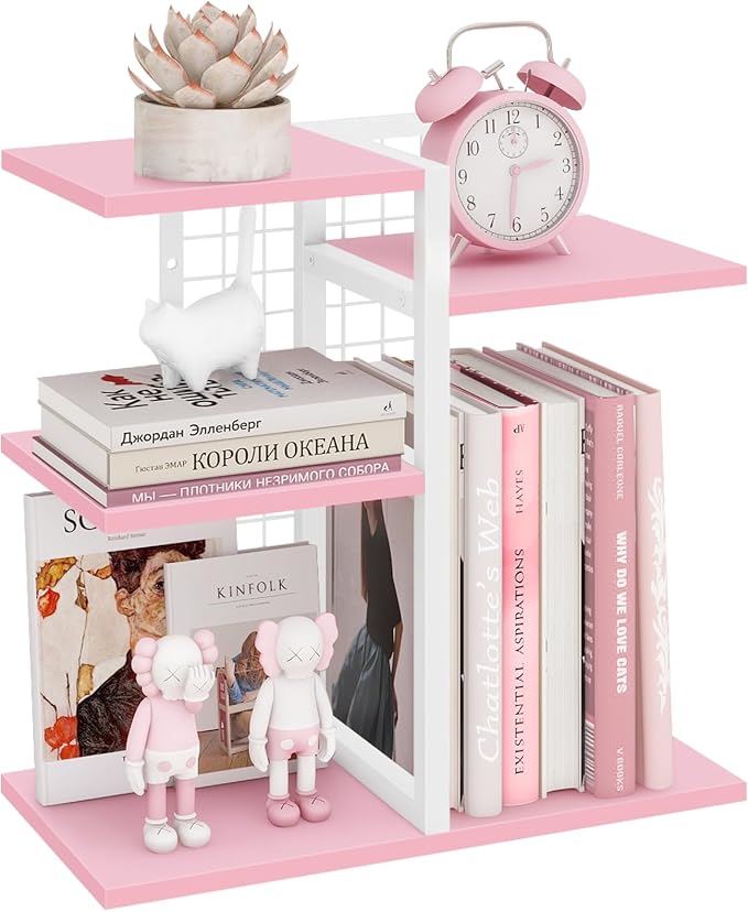 ELITEROO Desktop Bookshelf, Tiered Desk Organizer Shelf, Wooden Tabletop Bookshelf Small Desk Book Shelf, Dresser Top Organization Storage Rack and Desk Decorations for Women Office, Pink