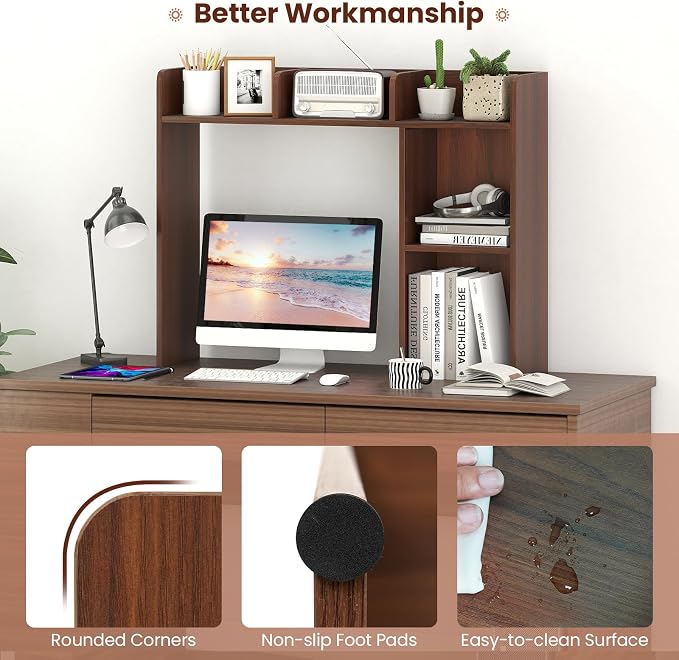 LDAILY Desktop Shelf, Multipurpose Wood Desk Hutch for Max 27" Computer Monitor, Countertop Storage Hutch with 5 Shelves, 3 Tier Desktop Display Rack for Dorm Office Home(Walnut)