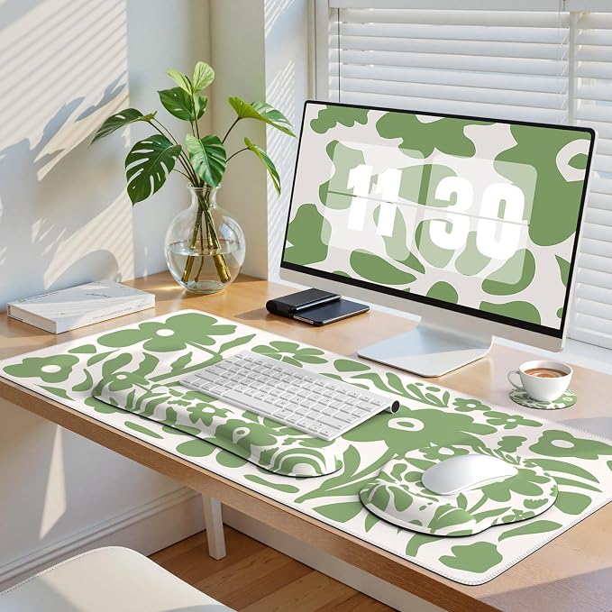iCasso Desk Cover Mat, 4in1 Floral Large Mouse Pad with Wrist Rest, Desk Matt for Desktop, Anti-Slip XXL Big Computer Ergonomic Mousepad with Wrist Support for Keyboard and Mouse (Green)