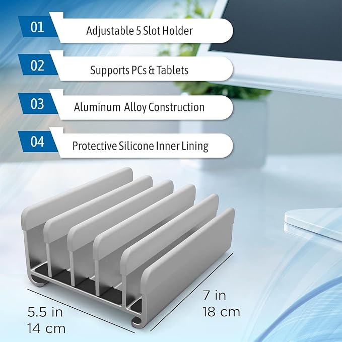 Elestoria 5-Slot Vertical Laptop Stand - Aluminum Laptop Stand Vertical for Desk -Laptop Holder with Adjustable Width (12-38mm) Compatible with MacBook Pro/Air & Gaming Laptops up to 17.3"-Grey