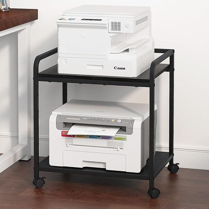 21"x15.8" Large Printer Stand with Storage, 2-Tier Under Desk Printer Table, Rolling Printer Cart with Lockable Wheels for Home, Office (Black)