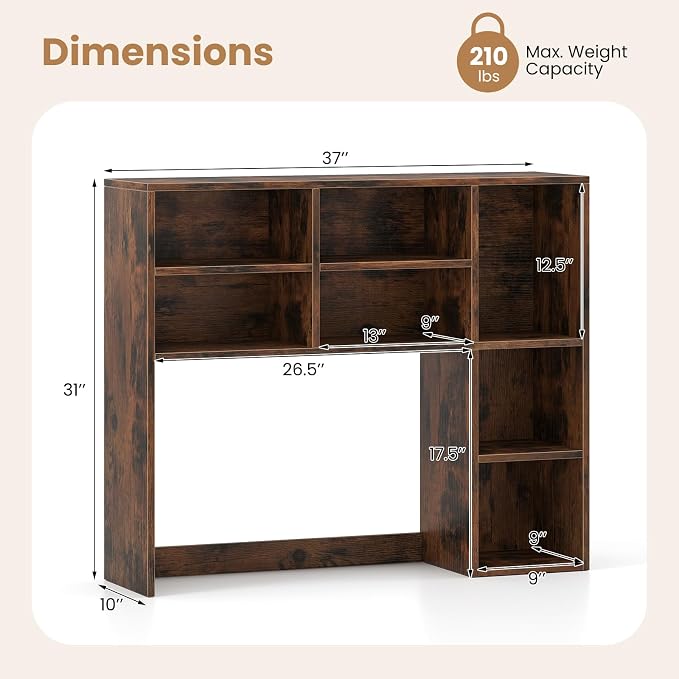 LDAILY Desktop Bookshelf, 37’’ Wood Desk Shelf with 7 Cubes & 3 Adjustable Shelves, 3-Tier Desk Display Rack, Desk Hutch for Dorm College Office Computer Monitor Up to 27’’ (Rustic Brown, 7 Shelves)