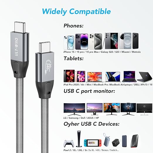 ULT-WIIQ 6.6FT USB C to USB C 3.2 Gen 2 x 2 Video Cable for Portable Monitor, 4K@144/120/60Hz 8K Display Cable, 20Gbps Data Transfer, PD 3.1 240W Fast Charging, for iPhone 17, MacBook, SSD, CarPlay