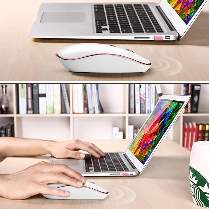 JOYACCESS Wireless Mouse for Laptop - Ultra Thin, Silent, 2400 DPI Portable Optical Mouse for Laptop,Computer,MacBook,Windows, Chromebook, PC (White + Pink)
