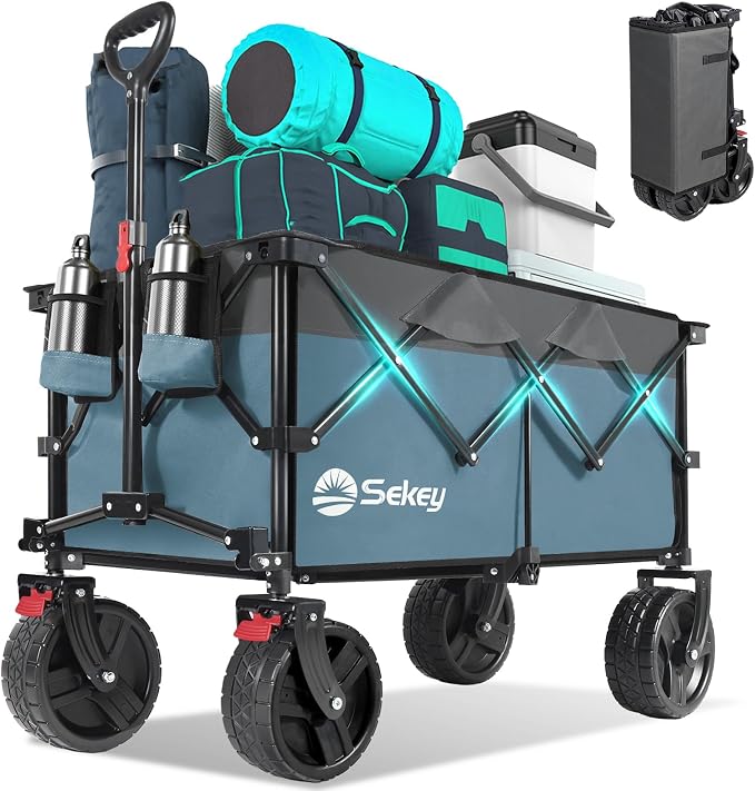 Sekey 220L Wagons Carts Foldable with Big All-Terrian Beach Wheels, Collapsible Heavy DutyWagon with Cup Holders, Extra Large Folding Wagon,Foldable Wagon for Camping, Garden, Sports.Blue&Gray